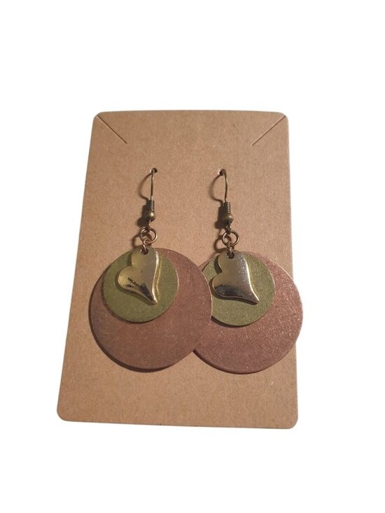 Unbranded Jewelry - Metallic Layered Dangle Earrings Layered Circular Design Gold Heart Charm Bronze